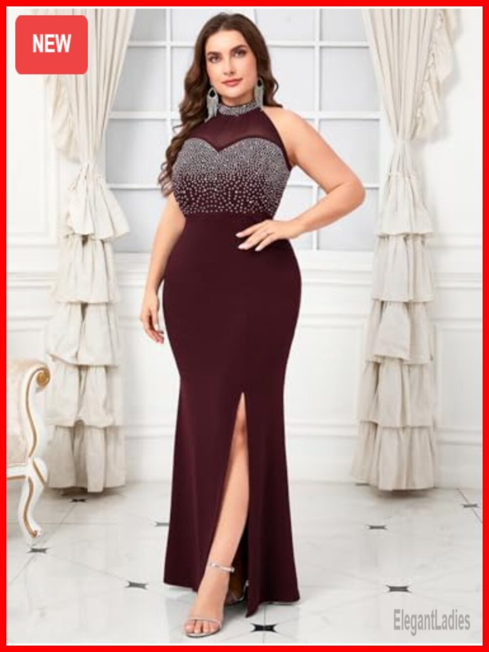 Plus Size Sexy Evening Gown Sparkly Rhinestone Bodice Halter Neck Maxi Dress - Picture 2 of 6